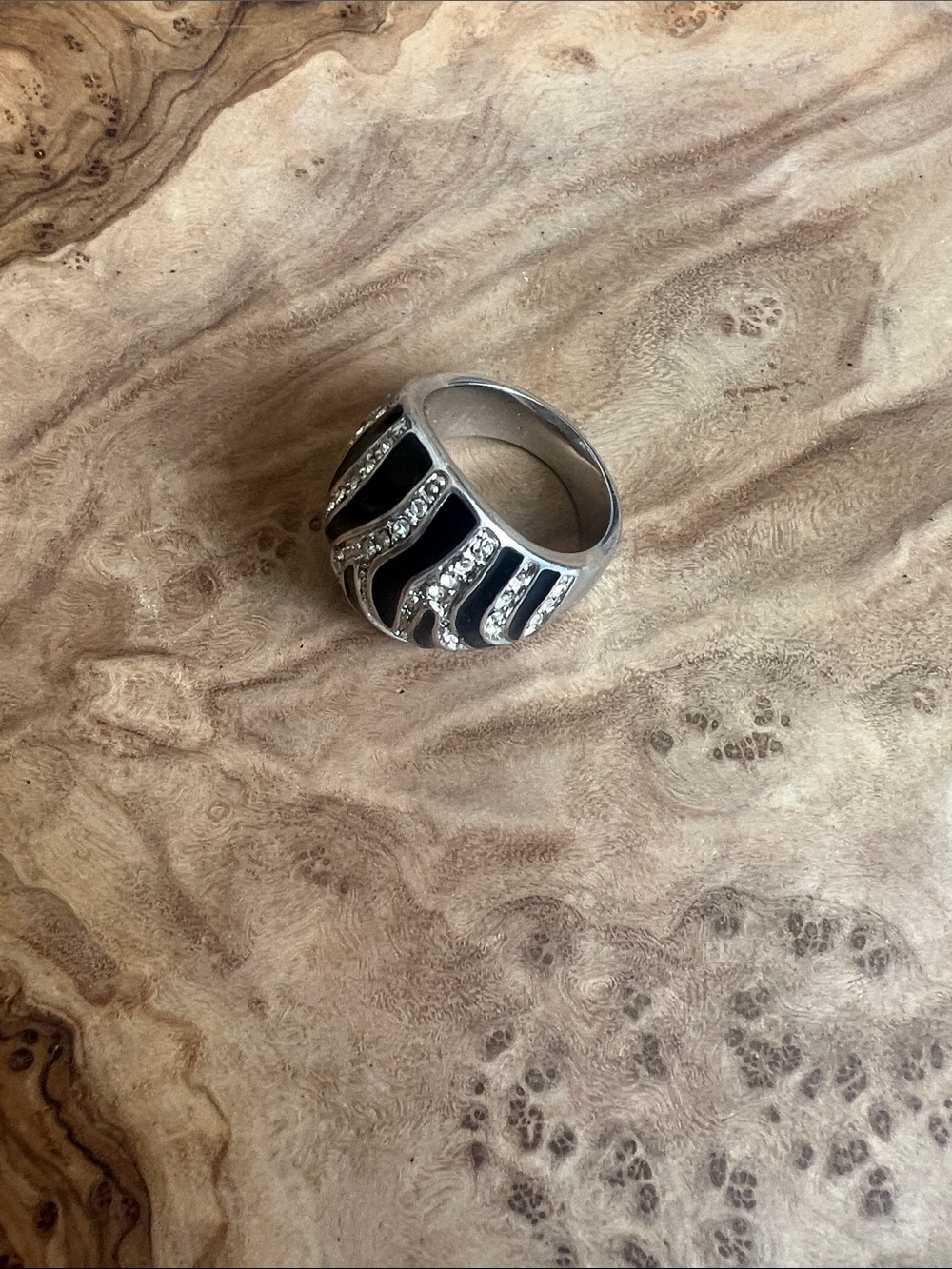 Silver-Tone Women's Black Enamel & Crystal Accent Cocktail Ring